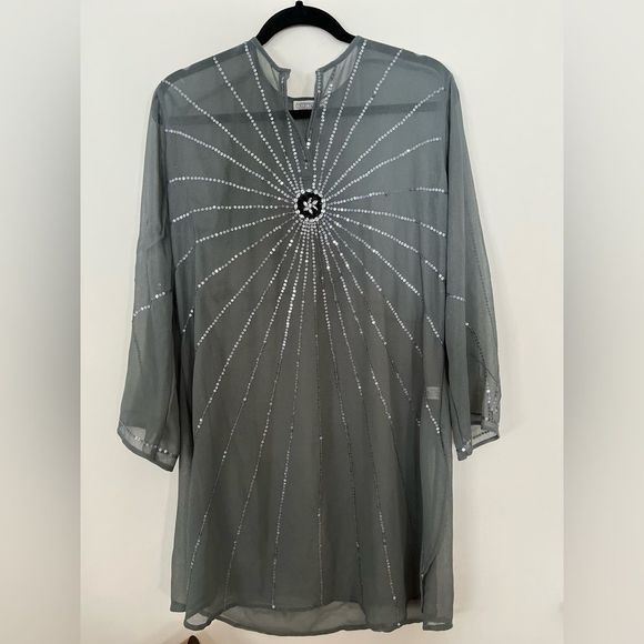 Collection XIIX grey long sleeved sequin decorated swimsuit cover,  v-neck, OS. - Picture 1 of 8